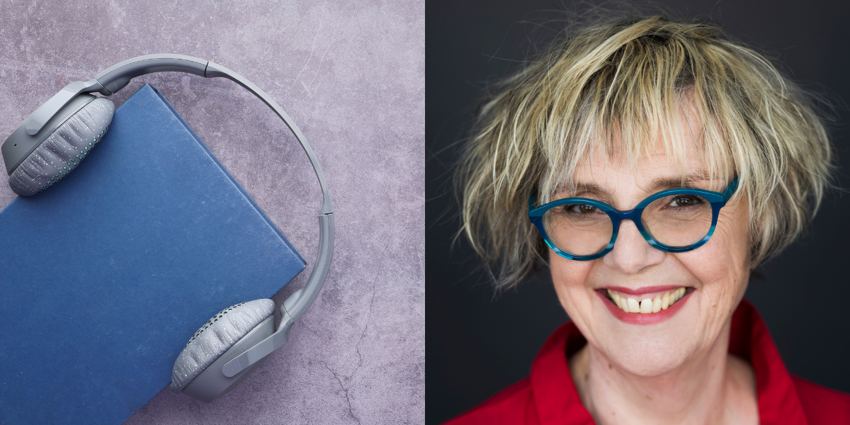 Des livres plein les oreilles. À gauche, un livre bleu avec un casque d'écoute, faisant référence aux livres audio. À droite, portrait de Clotilde Seille, une femme aux cheveux blonds et lunettes bleues, arborant un grand sourire.